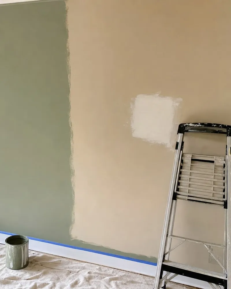 A living room wall mid-job: the left half freshly rolled sage green, the right half still beige with a spot-primed drywall patch, painter's tape on the baseboard, a roller tray, a paint can and a step ladder